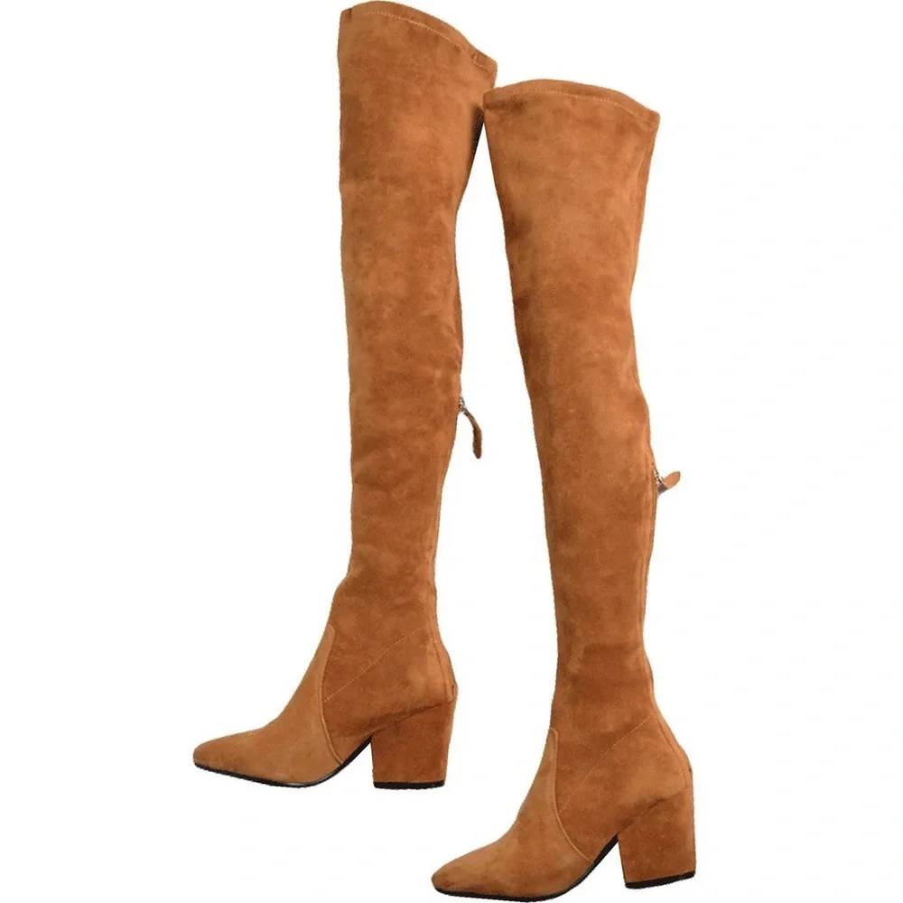 Goodnight Macaroon ‘Marlo’ Over-The-Knee Boots | Size 37 | Tan Suede Leather